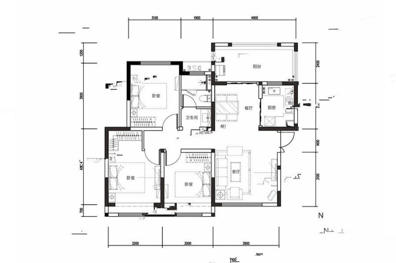 建业星联中和家园户型，建面106㎡三房两厅