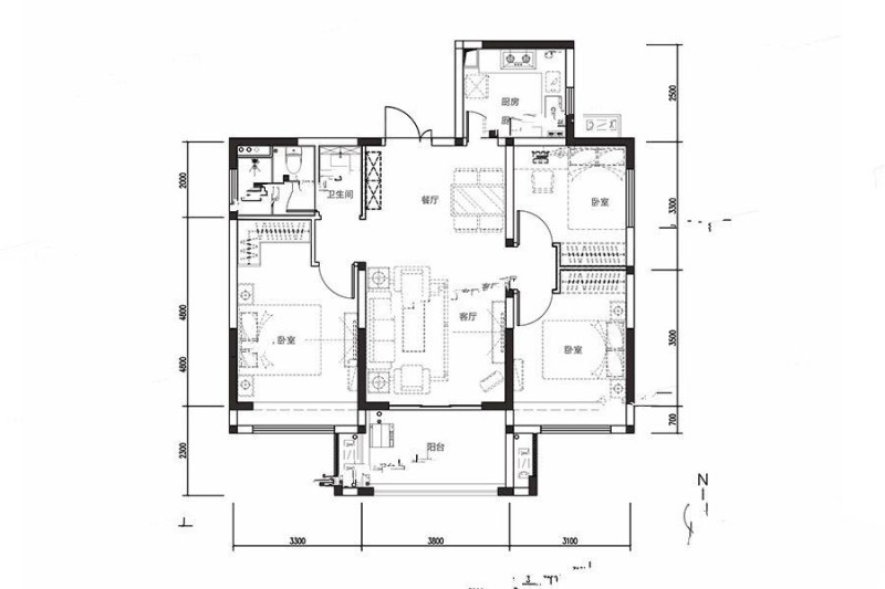 建业星联中和家园户型，建面106㎡三房两厅
